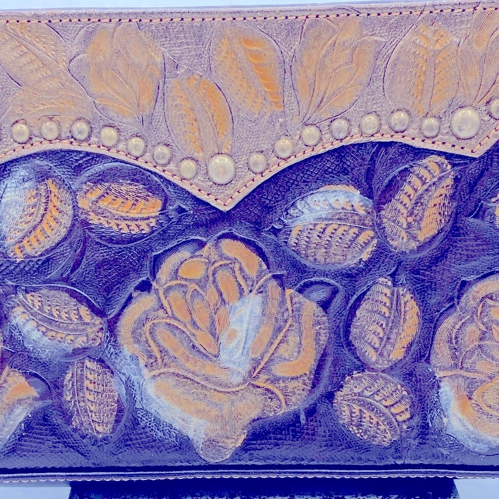 American West Tooled Leather Black/ Brown Clutch Has Rose Floral Design Purse - Picture 2 of 10